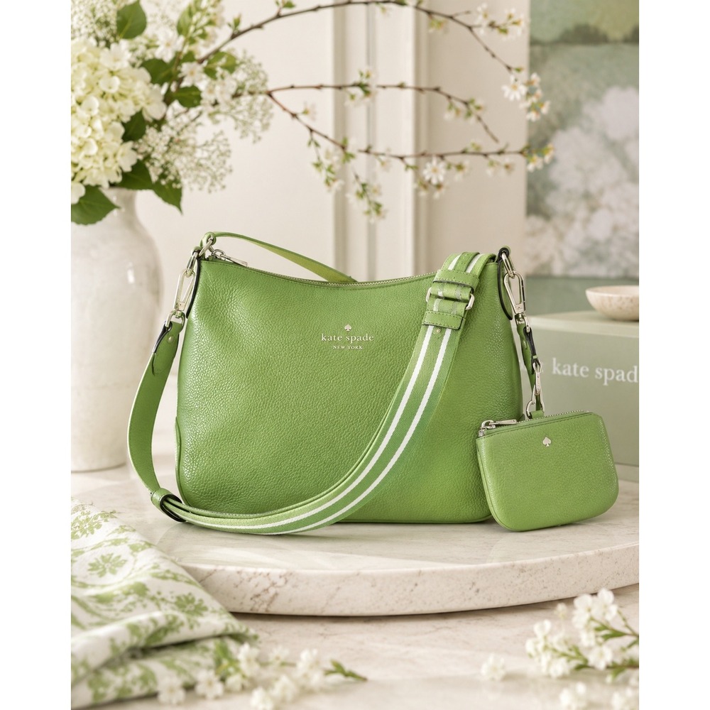 Kate Spade Green Pebbled Leather Crossbody Bag with Striped Strap and Coin Purse